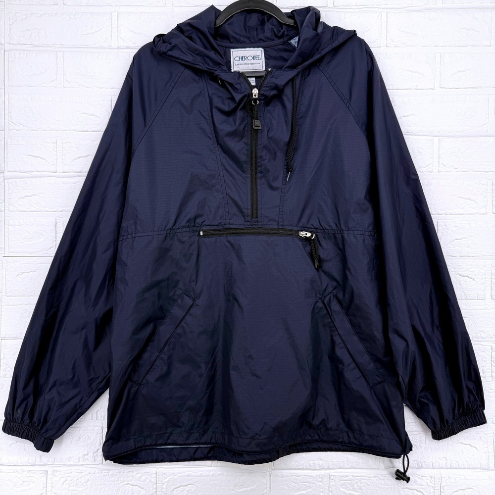 Cherokee Windbreaker Jacket Mens Medium Navy Blue Quarter Zip Hooded Anorak